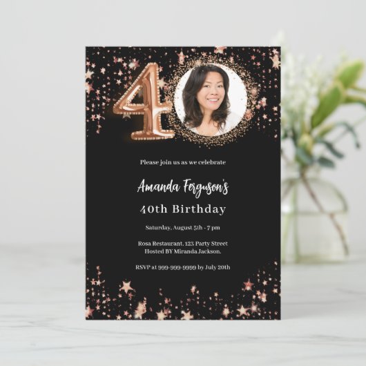 40e verjaardag zwart roos gouden fotosterren kaart (Staand voorkant)