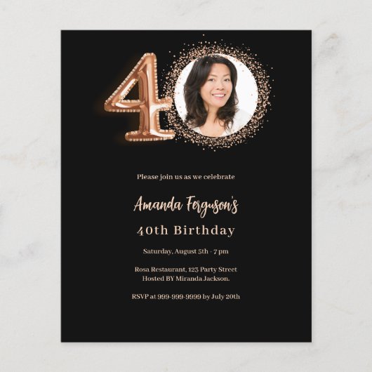 40e verjaardag zwart roos gouden fotouitnodiging (Voorkant)