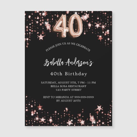 40e verjaardag zwart roos gouden sterren luxe magnetische uitnodiging (Voorkant)