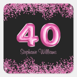 40e verjaardag zwart, roze ballonnen | Faux Glitte Vierkante Sticker