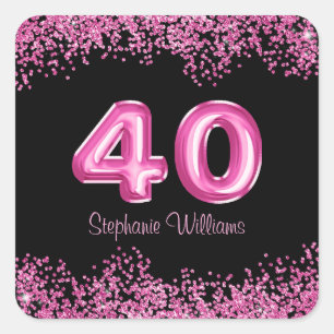 40e verjaardag zwart, roze ballonnen   Faux Glitte Vierkante Sticker