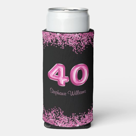 40e verjaardag zwart roze ballonnen | Faux Glitter Seltzer Blikjeskoeler (Seltzer Voorkant)