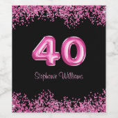 40e verjaardag zwart roze ballonnen | Faux Glitter Wijn Etiket (Enkel label)