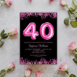 40e verjaardag zwart roze ballonnen glitter party kaart<br><div class="desc">Maak met deze prachtige uitnodiging de toon voor een modern, stijlvol en glamoureus 40ste verjaardagsfeest🥳! Het ontwerp is voorzien van een boeiende combinatie van roze en zwart en straalt een sfeer van verfijning en elegantie uit. Het nummer 40 staat centraal, prachtig geschreven in een hot pink ballon-letter lettertype, waardoor een...</div>