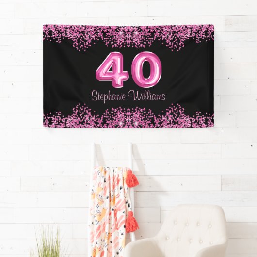 40e verjaardag zwart roze ballonnen glitter party spandoek (Insitu)
