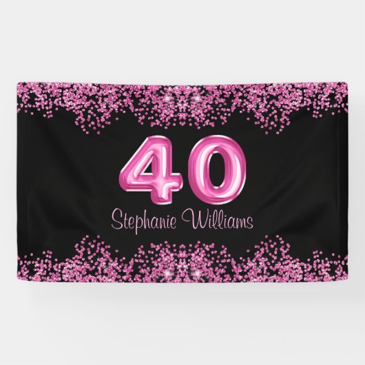 40e verjaardag zwart roze ballonnen glitter party spandoek (Horizontaal)