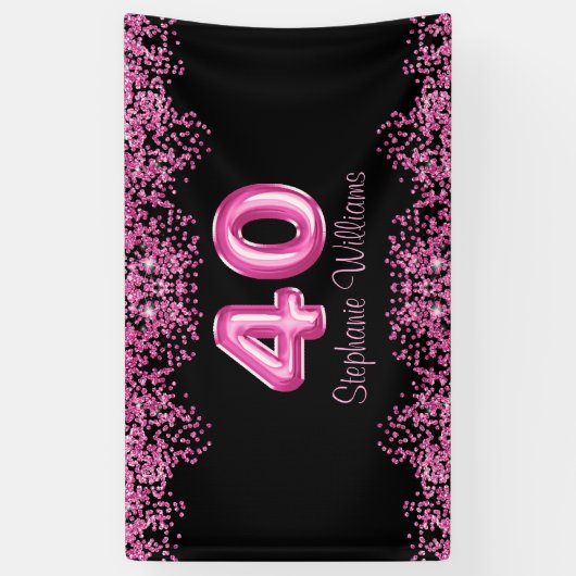 40e verjaardag zwart roze ballonnen glitter party spandoek (Verticaal)