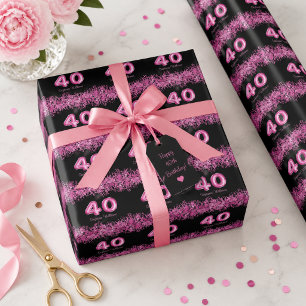 40e verjaardag Zwart, Roze Ballonnen Nep Glitter Cadeaupapier
