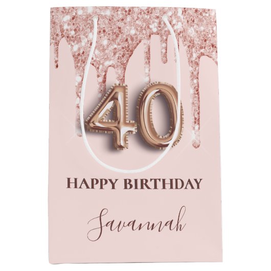 40e verjaardag zwart roze glitter druppelt roos go medium cadeauzakje (Voorkant)