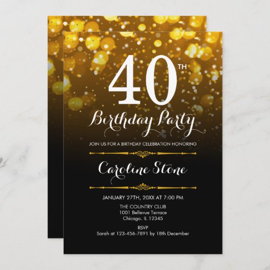 40e verjaardag - Zwart Wit Goud Kaart (Voorkant / Achterkant)