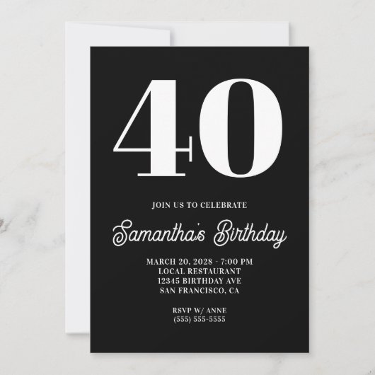 40e verjaardag zwart-wit groot nummer kaart (Voorkant)