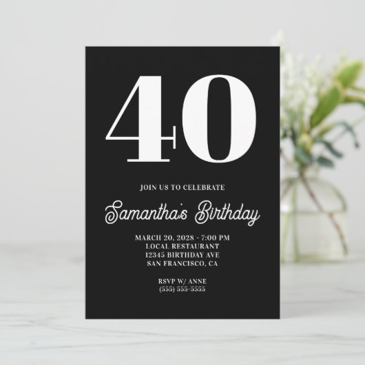 40e verjaardag zwart-wit groot nummer kaart (Staand voorkant)