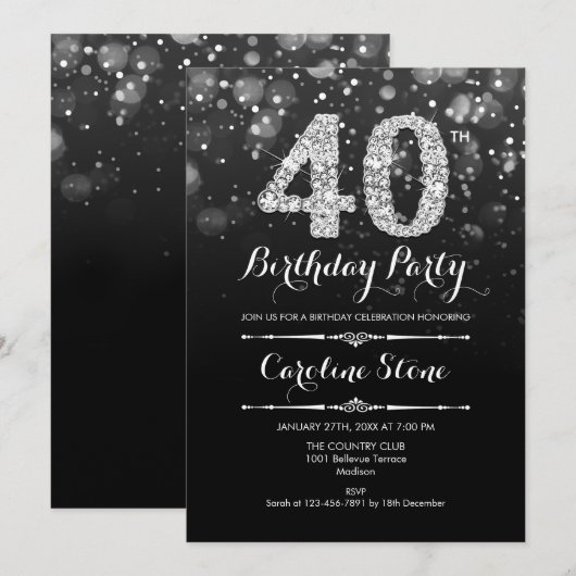 40e verjaardag - Zwart Zilver Kaart (Voorkant / Achterkant)