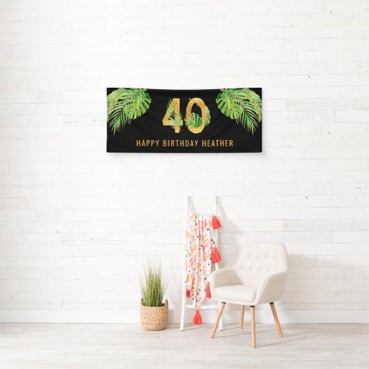 40e verjaardag Zwarte en Gold Tropische Leaves Par Spandoek (Insitu)