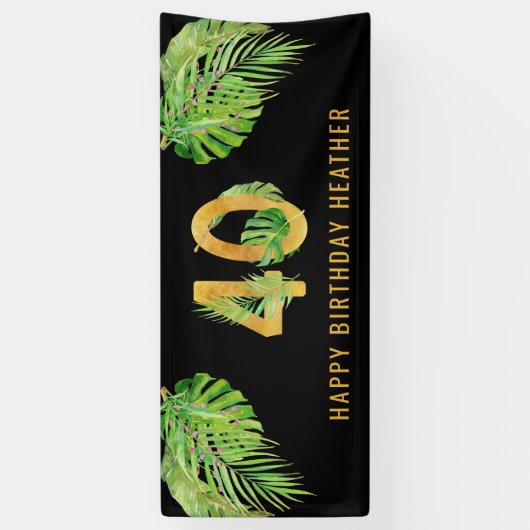 40e verjaardag Zwarte en Gold Tropische Leaves Par Spandoek (Verticaal)