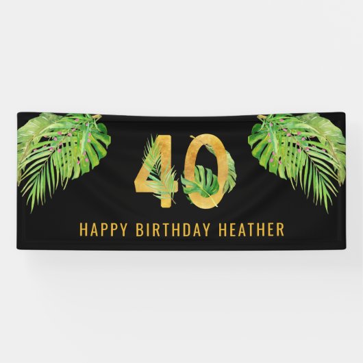40e verjaardag Zwarte en Gold Tropische Leaves Par Spandoek (Horizontaal)
