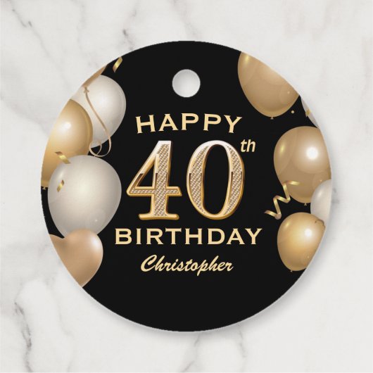 40e verjaardag Zwarte en gouden ballonnen Bedankjes Labels (Achterkant)