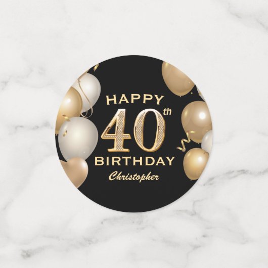 40e verjaardag Zwarte en gouden ballonnen Confetti (Kleine voorkant)