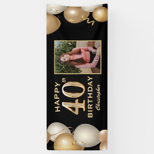 40e verjaardag Zwarte en gouden ballonnen Foto Spandoek (Verticaal)
