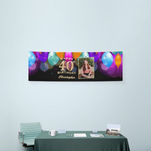 40e verjaardag Zwarte en gouden ballonnen Foto Spandoek (Beurs)