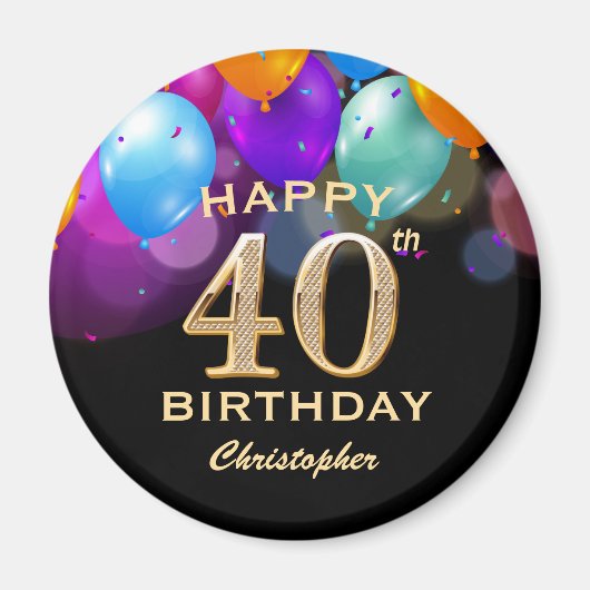 40e verjaardag Zwarte en gouden ballonnen Magneet (Voorkant)