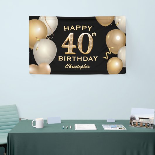 40e verjaardag Zwarte en gouden ballonnen Spandoek (Beurs)