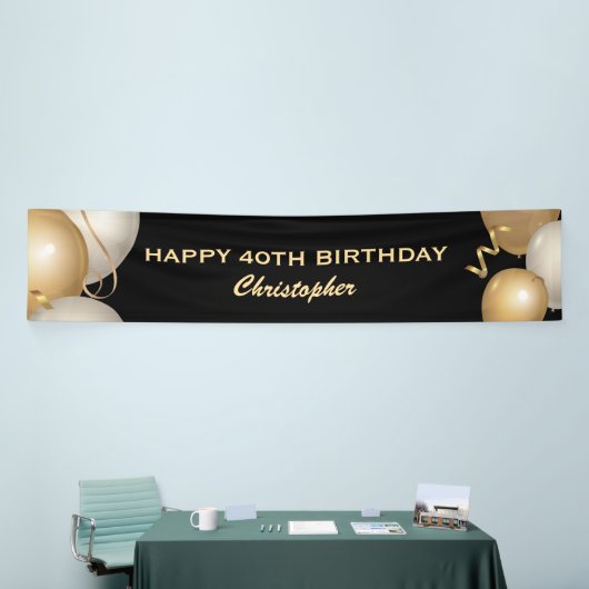 40e verjaardag Zwarte en gouden ballonnen Spandoek (Beurs)