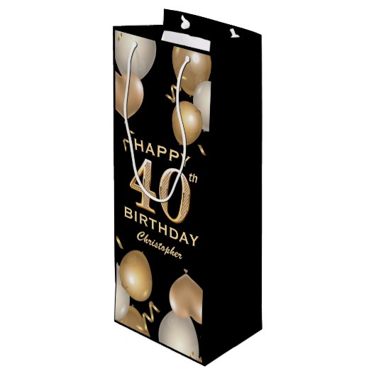 40e verjaardag Zwarte en gouden ballonnen Wijn Cadeautas (Achterkant Gekanteld)
