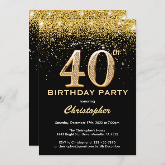 40e verjaardag zwarte en goudglitter-Confetti Kaart (Voorkant / Achterkant)