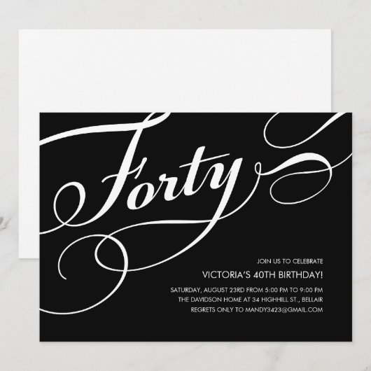 40e verjaardag zwarte en witte uitnodigingen (Voorkant / Achterkant)