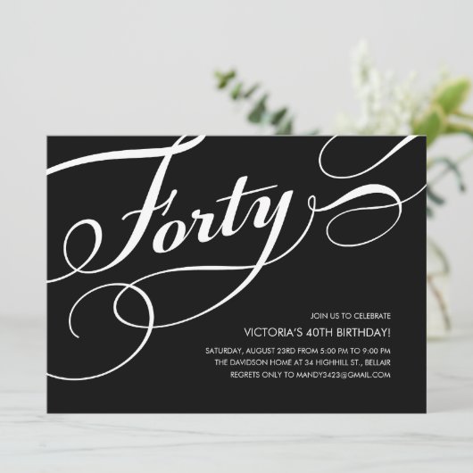 40e verjaardag zwarte en witte uitnodigingen (Staand voorkant)