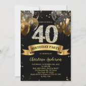 40e verjaardag zwarte goudballonnen kaart (Voorkant)