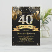 40e verjaardag zwarte goudballonnen kaart (Staand voorkant)