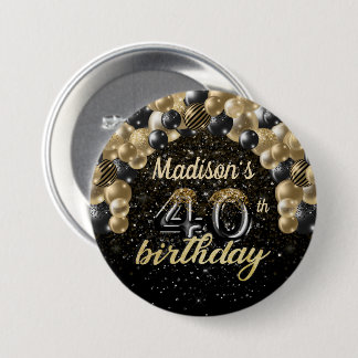 40e verjaardag zwarte gouden ballon Glitter Button