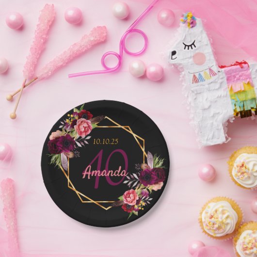 40e verjaardag zwarte gouden geo florale burgundy papieren bordje (Feest)