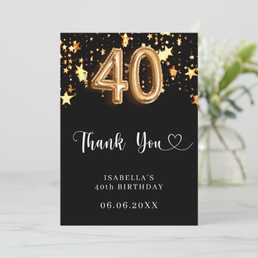 40e verjaardag zwarte gouden sterren bedankkaart (Staand voorkant)