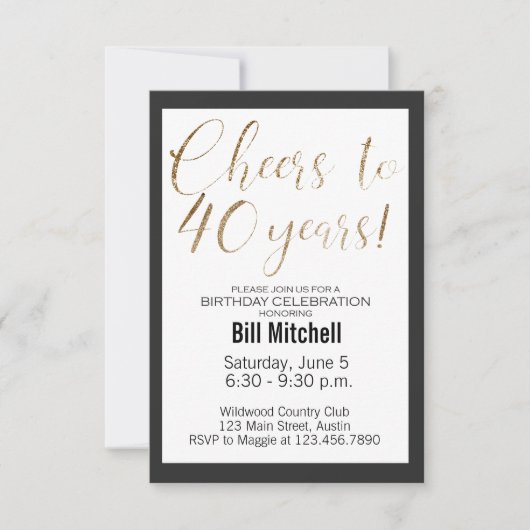 40e verjaardag zwarte goudglitter moderne legant kaart (Voorkant)