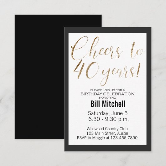 40e verjaardag zwarte goudglitter moderne legant kaart (Voorkant / Achterkant)