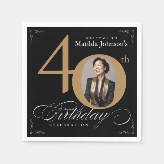 40e verjaardag zwarte goudkalligrafie Aangepaste f Servet (Voorkant)