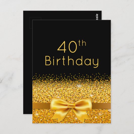 40e verjaardag zwarte goudsparkle-uitnodiging briefkaart (Voorkant / Achterkant)