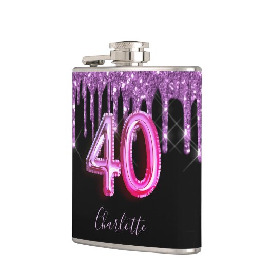 40e verjaardag zwarte paarse glitter scriptvriende heupfles (Links)