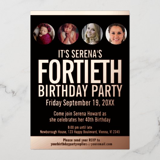 40e verjaardag zwarte roos gouden fotocirkels folie uitnodiging (Voorkant)
