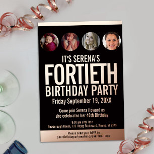 40e verjaardag zwarte roos gouden fotocirkels folie uitnodiging
