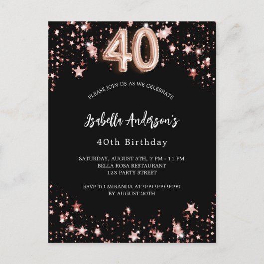 40e verjaardag zwarte roos gouden sterren uitnodiging briefkaart (Voorkant)