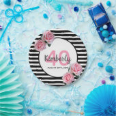 40e verjaardag zwarte strepen roze florals klassie papieren bordje (Feest)