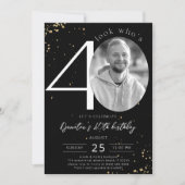 40e verjaardag zwarte uitnodiging met foto (Voorkant)