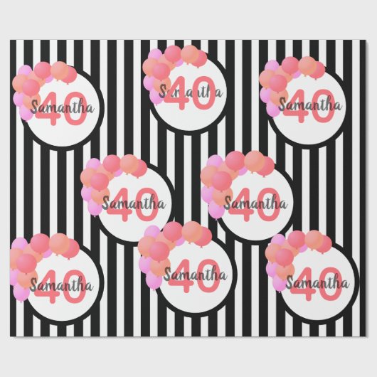40e verjaardag zwarte witte strepen roze ballonnen cadeaupapier (Vlak)