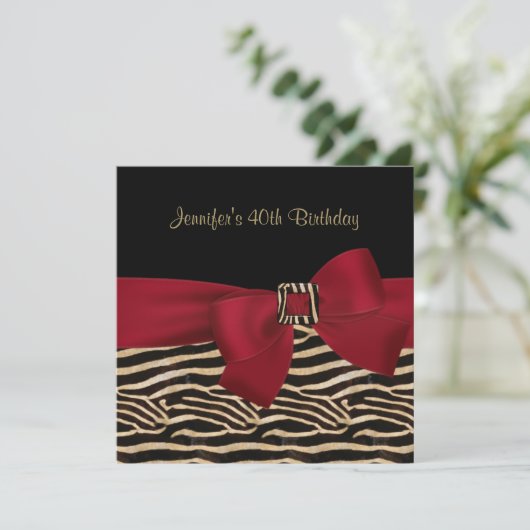 40e verjaardag Zwarte Zebra Stripe Red Bow Kaart (Staand voorkant)