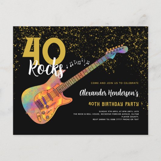 40e Verjaardagsfeest 40 Rots Gouden Glitter Budget Flyer (Voorkant)