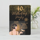 40e Verjaardagsfeest Art Deco Zwart & Goud Kaart (Staand voorkant)